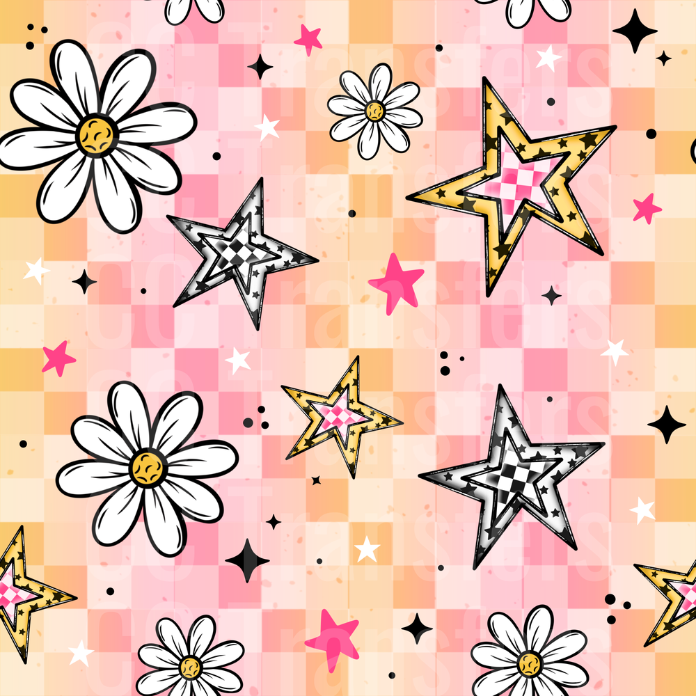 Retro Checkered Daisy Stars Sparkle Pattern (DTF)