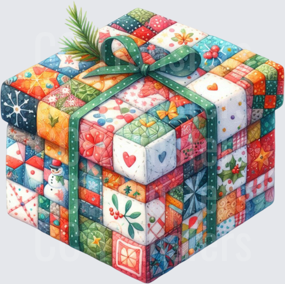 Colorful Patchwork Quilt Christmas Gift Box With Green Bow (DTF)