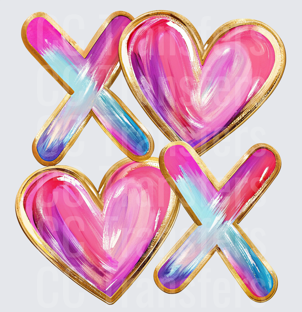 Gold Outlined XOXO Hearts Pink Purple Brushstroke (DTF)