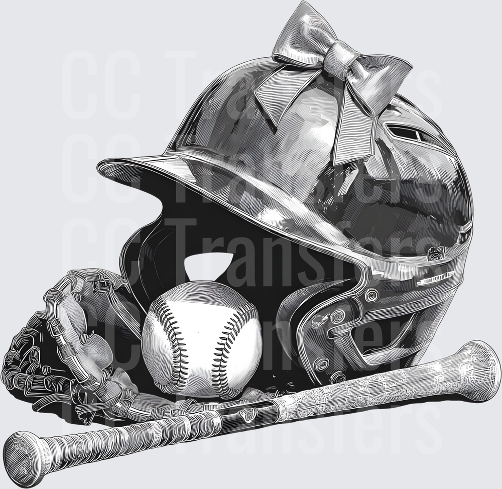 Girls Baseball Helmet Bow Bat Glove Ball Sketch (DTF)