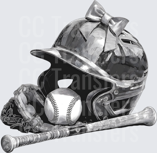 Girls Baseball Helmet Bow Bat Glove Ball Sketch (DTF)