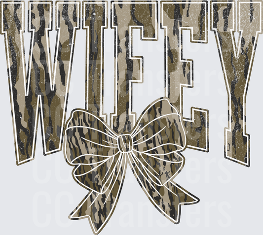 Wifey Camo Bold Letters with Bow Distressed (DTF)