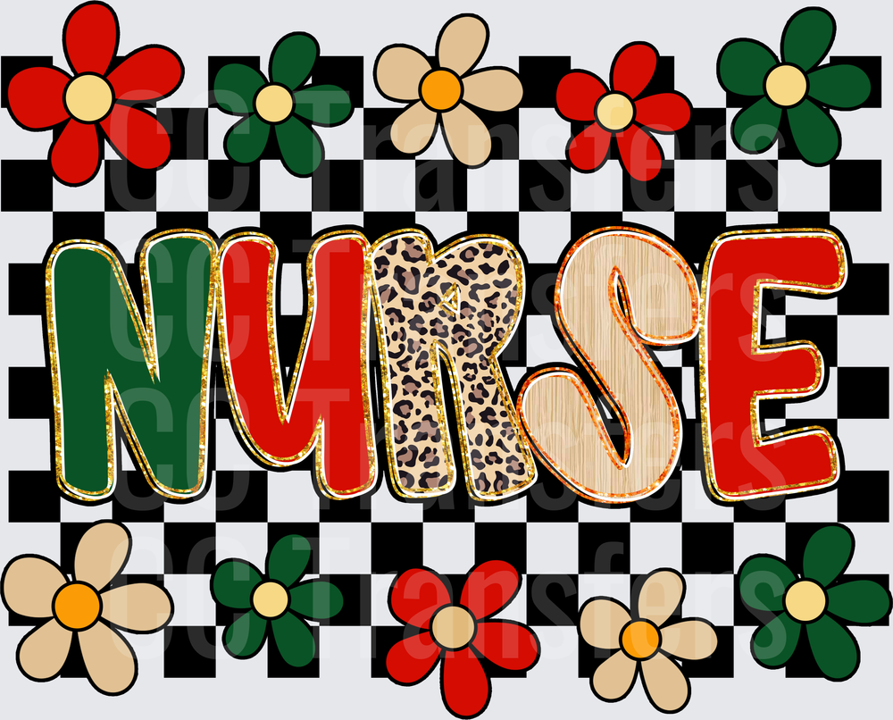 Nurse Retro Checkered Floral Leopard Mixed Pattern (DTF)