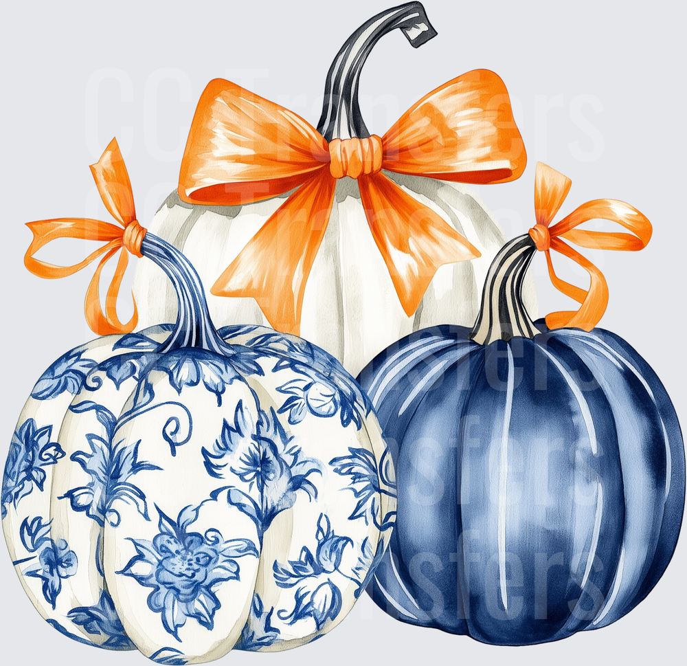 Elegant Blue White Floral Pumpkins Orange Bows (DTF)