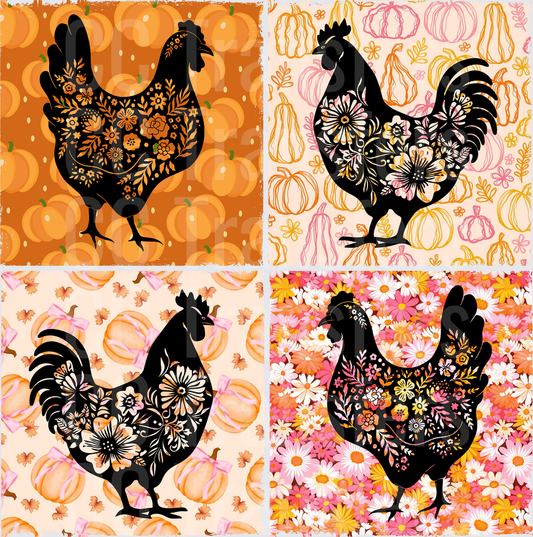 Floral Chicken & Rooster Pumpkin Fall Four Panel Set (DTF)