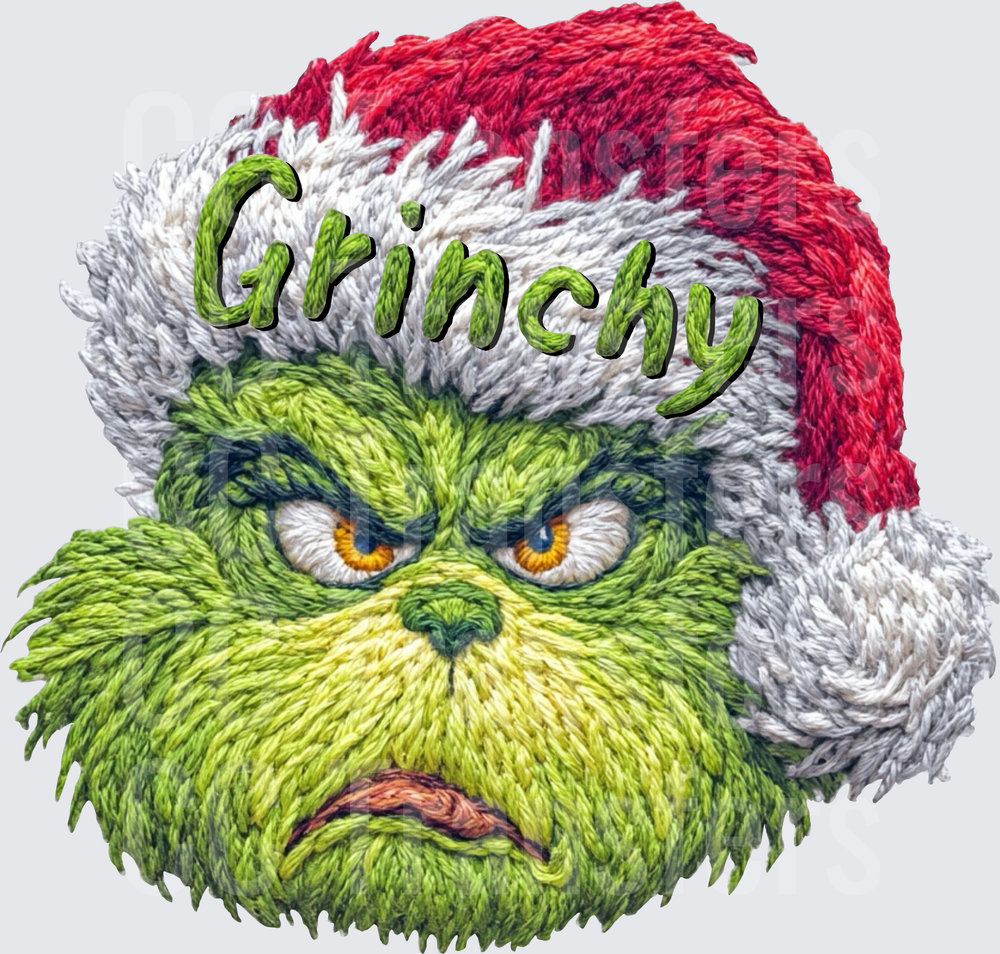 Grinchy Grumpy Green Furry Face Embroidery Style (DTF)