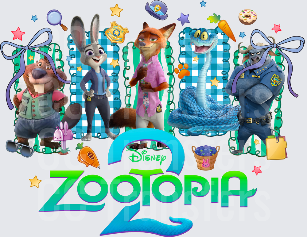 Animated Animal Characters Squad Blue Checkered Frame (DTF)
