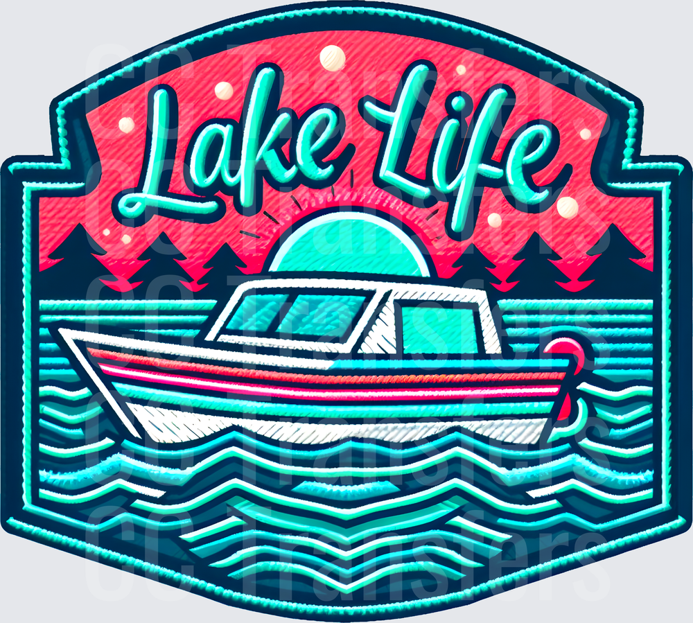 Lake Life Embroidery Style Boat Sunset Badge (DTF)