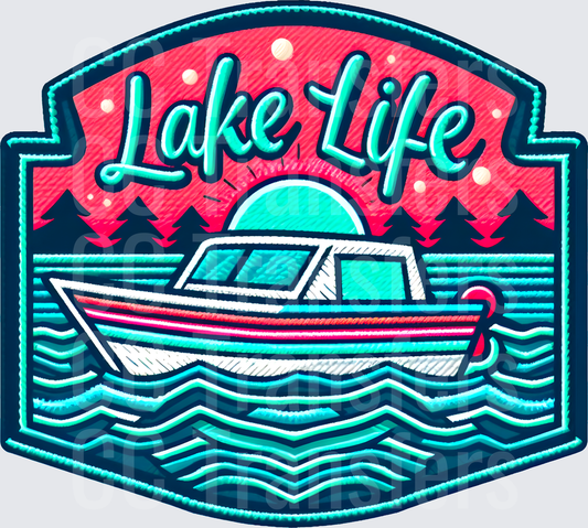Lake Life Embroidery Style Boat Sunset Badge (DTF)