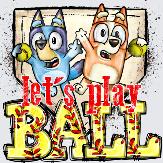 Cartoon Dog Sisters Holding Softballs Let's Play Ball (DTF)