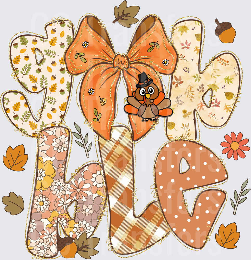 Thankful Patterned Letters Fall Turkey Bow Design (DTF)