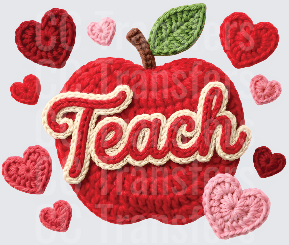 Crochet Knit Apple Teach Script Hearts (DTF)