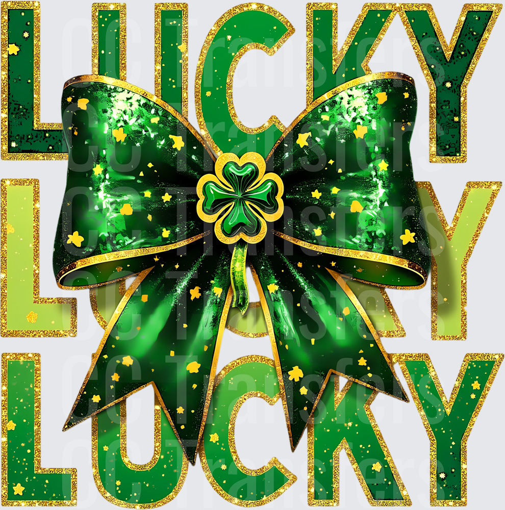 Lucky Lucky Lucky Green Glitter Bow Shamrock St Patricks (DTF)