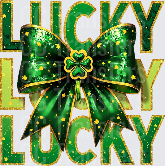 Lucky Lucky Lucky Green Glitter Bow Shamrock St Patricks (DTF)