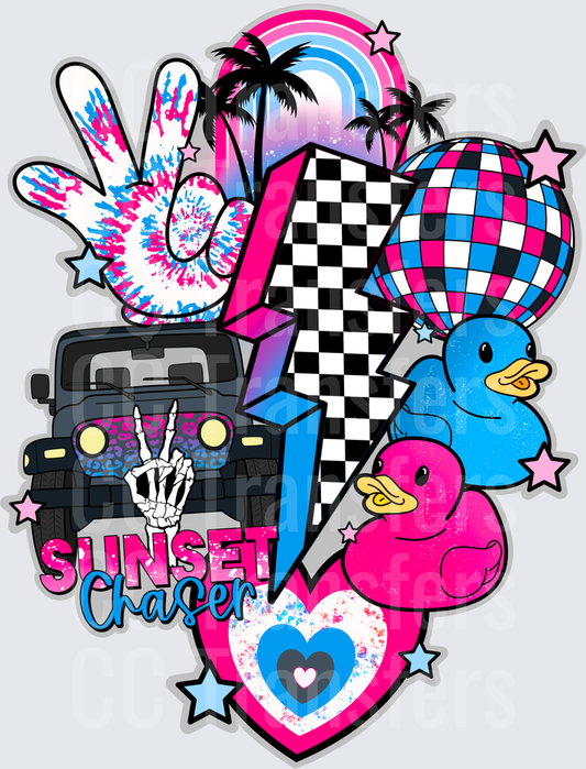 Sunset Chaser Jeep Duck Checkered Lightning Bolt (DTF)