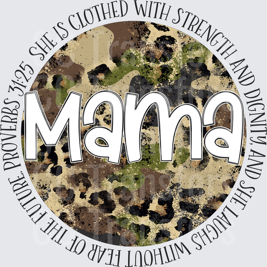 Mama Camo Leopard Circle Proverbs 31:25 Scripture (DTF)