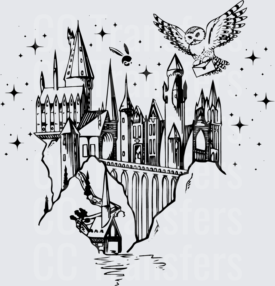 Magical Castle Snowy Owl Delivering Letter Stars (DTF)