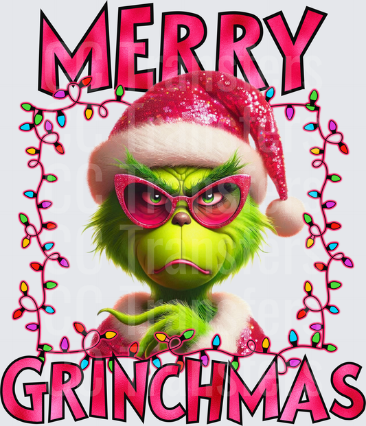 Merry Grinchmas Grumpy Green Character Pink Santa DTF