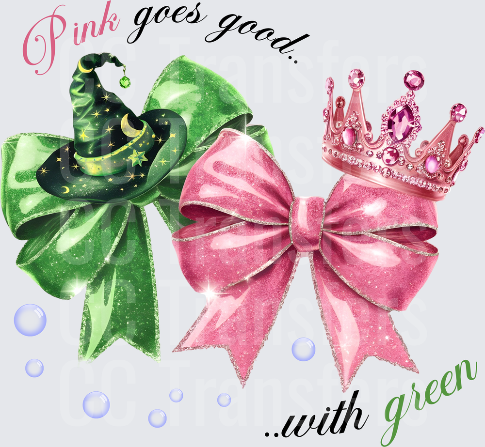 Pink Goes Good With Green Glitter Bows Crown Witch Hat DTF