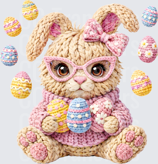 Crochet Easter Bunny with Pink Glasses and Eggs (DTF)