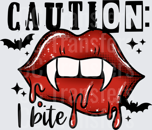 Caution I Bite Vampire Lips Blood Drip Bats Halloween (DTF)