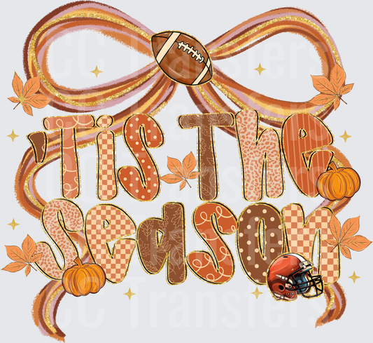 Tis The Season Fall Football Pumpkin Bow Leaves (DTF)
