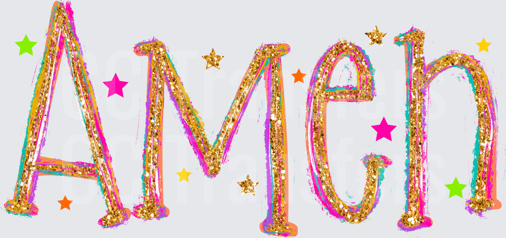 Glitter Gold Amen Word Art Colorful Stars (DTF)