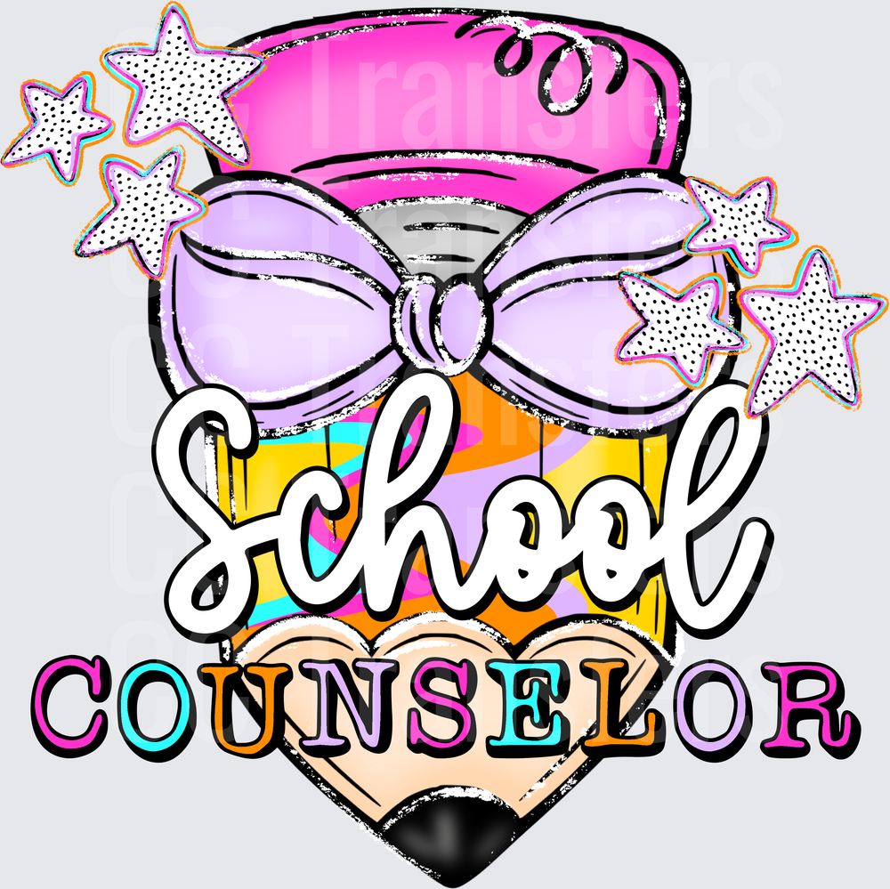 School Counselor Pencil with Bow and Stars (DTF)