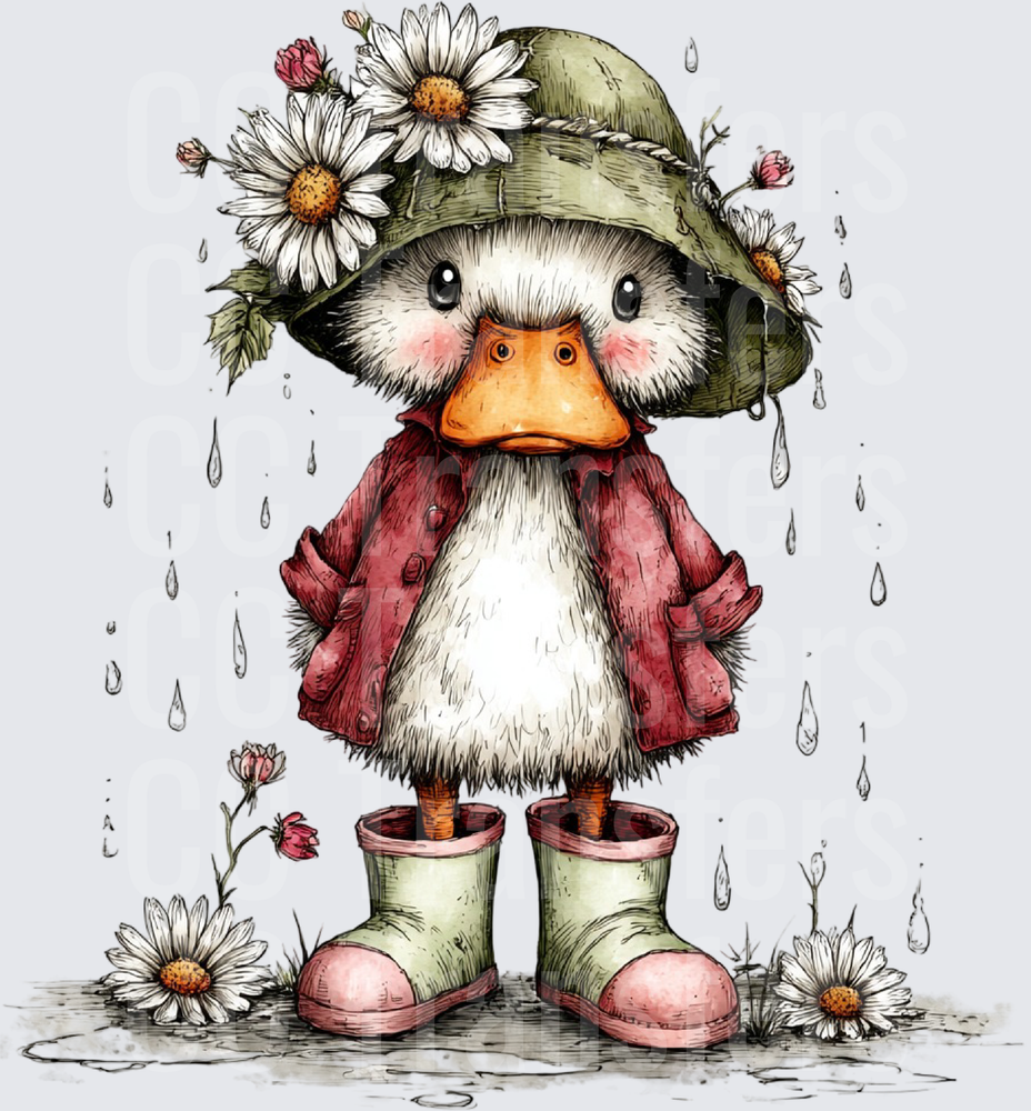 Cute Duck in Rain Hat Boots and Daisies in the Rain (DTF)