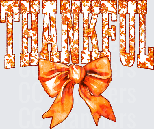 Thankful Orange Floral Glitter Letters with Bow (DTF)