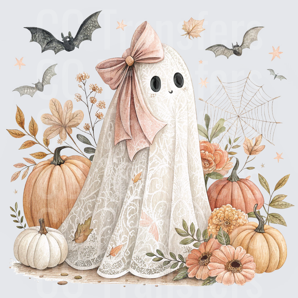 Boho Ghost Pink Bow Pumpkins Bats Fall Floral Halloween (DTF)