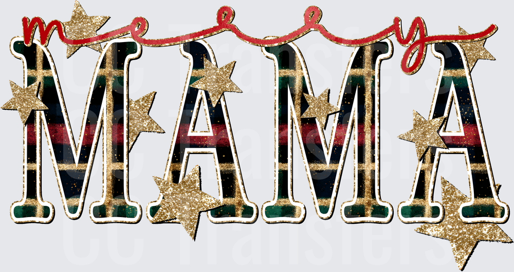 Merry Mama Plaid Gold Glitter Stars Christmas (DTF)