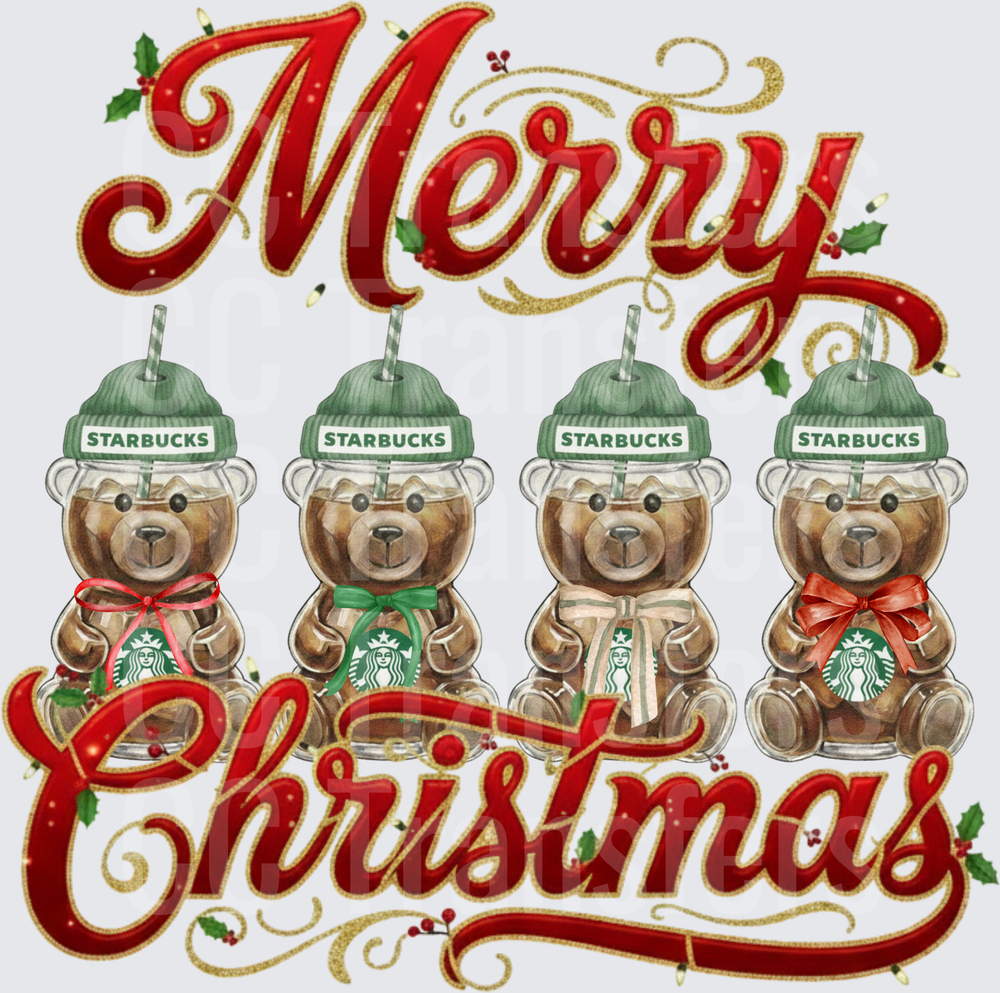 Merry Christmas Teddy Bear Coffee Cups Holiday (DTF)