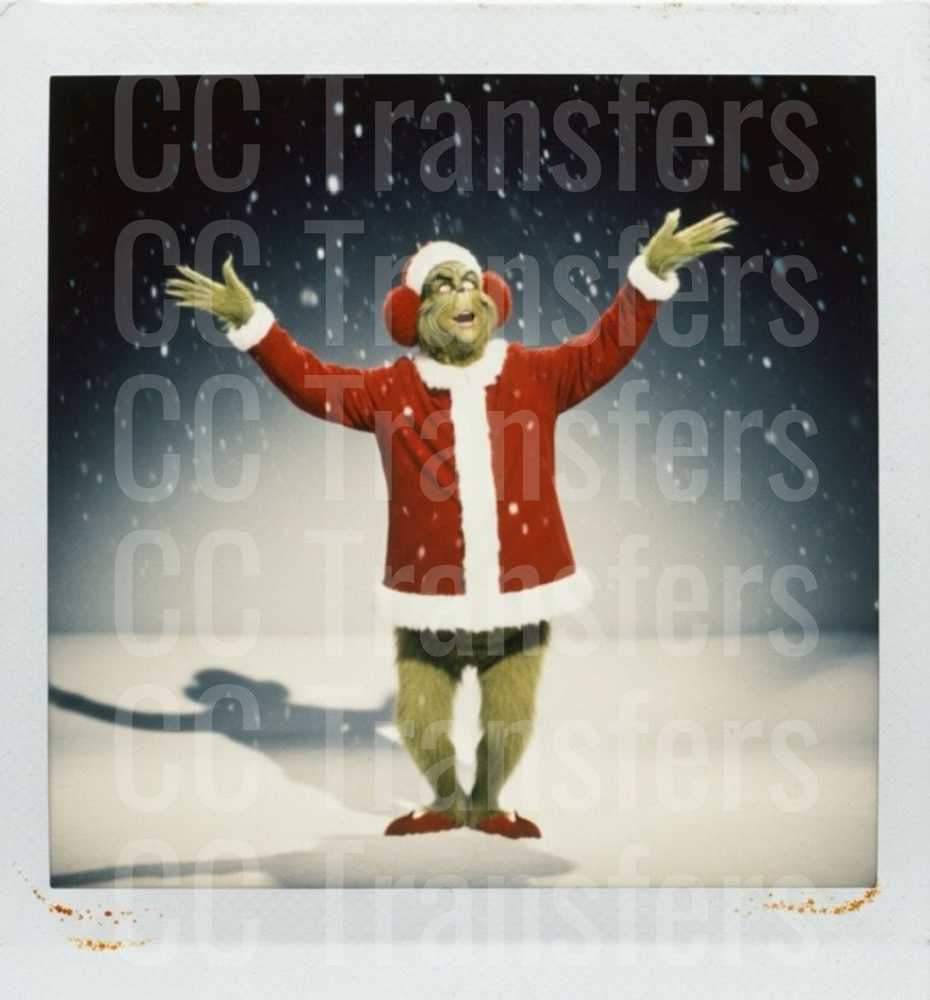 Grumpy Green Creature Santa Suit Arms Raised Snow Polaroid (DTF)