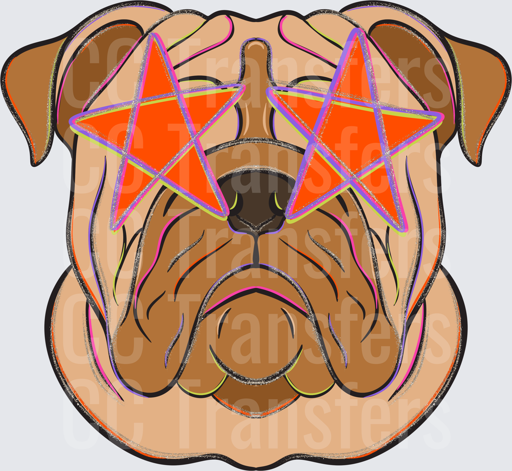 Wrinkly Dog Face with Star Shaped Sunglasses (DTF)