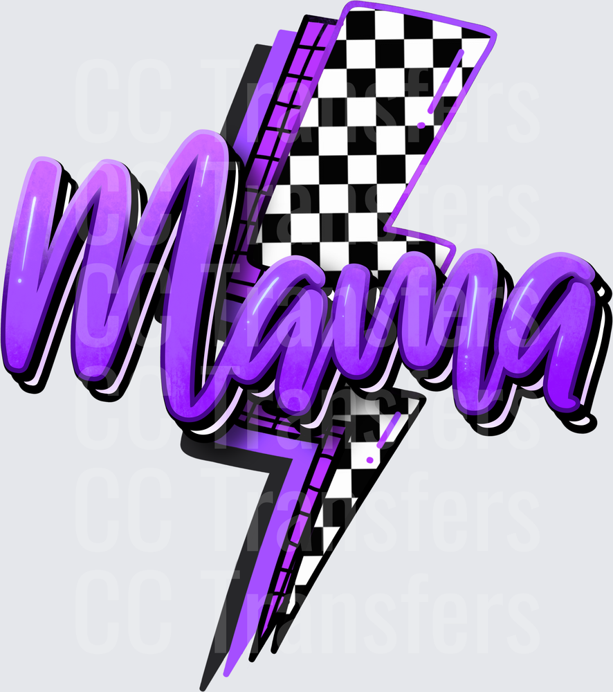Mama Purple Glossy Script Checkered Lightning Bolt (DTF)