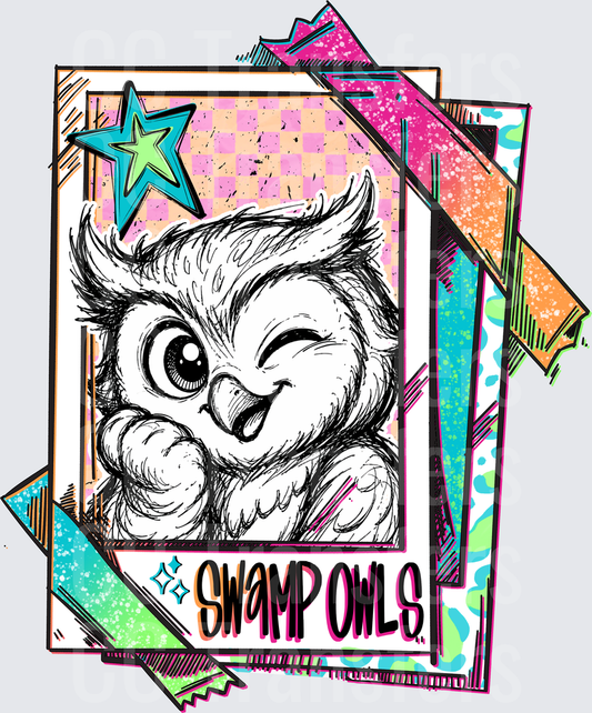 Winking Cartoon Owl Trading Card Retro Neon Stack (DTF)