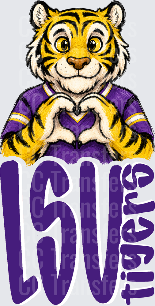 Cute Tiger Mascot Heart Hands Purple Gold Spirit DTF