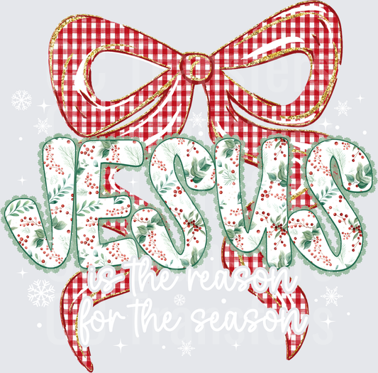 Jesus Floral Holly Berry Red Gingham Bow Christmas (DTF)