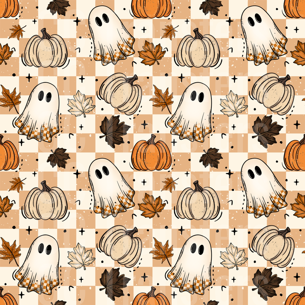 Boho Halloween Ghosts Pumpkins Autumn Leaves Checker (DTF)