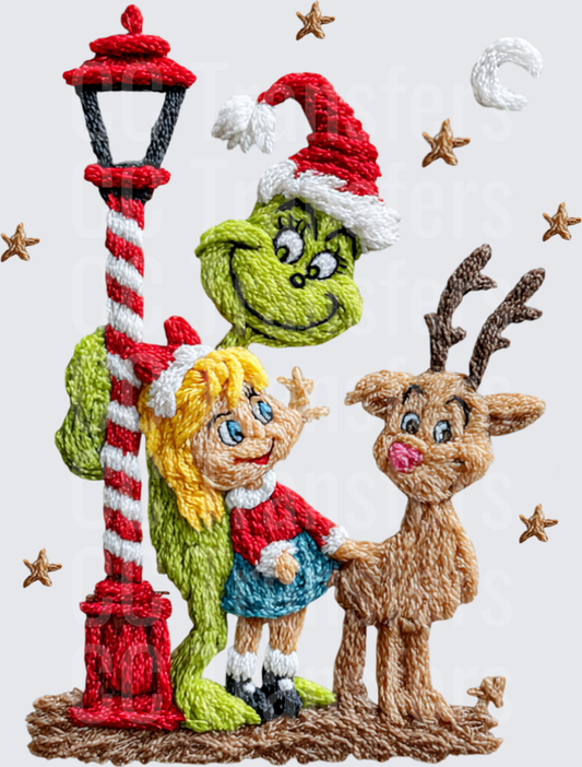 Embroidered Style Green Holiday Character With Girl And Reindeer By Lamp Post (DTF)