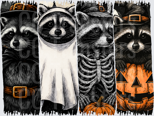 Four Halloween Raccoons Witch Ghost Skeleton Pumpkin (DTF)