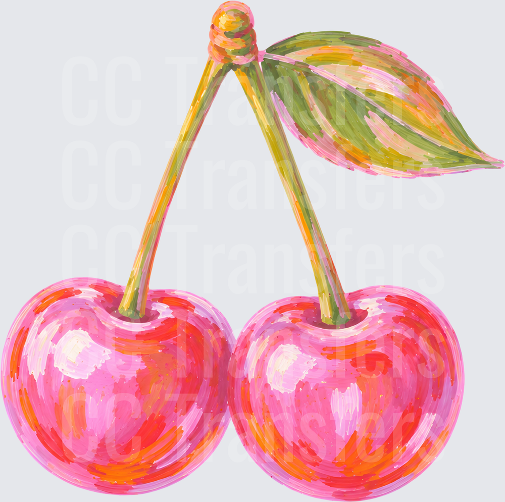 Bold Pink Painted Double Cherries with Leaf (DTF)