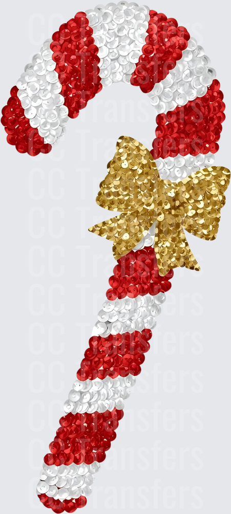 Sequin Glitter Candy Cane with Gold Bow (DTF)