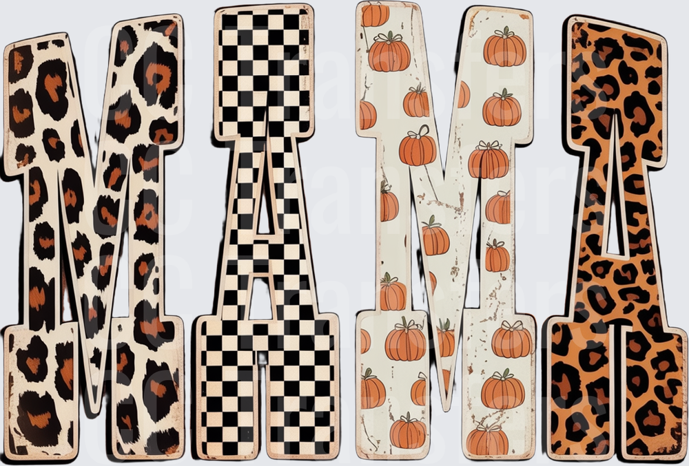 Mama Fall Pumpkin Leopard Checkered Block Letters (DTF)