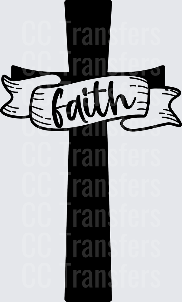 Bold Black Christian Cross with Faith Banner Ribbon (DTF)