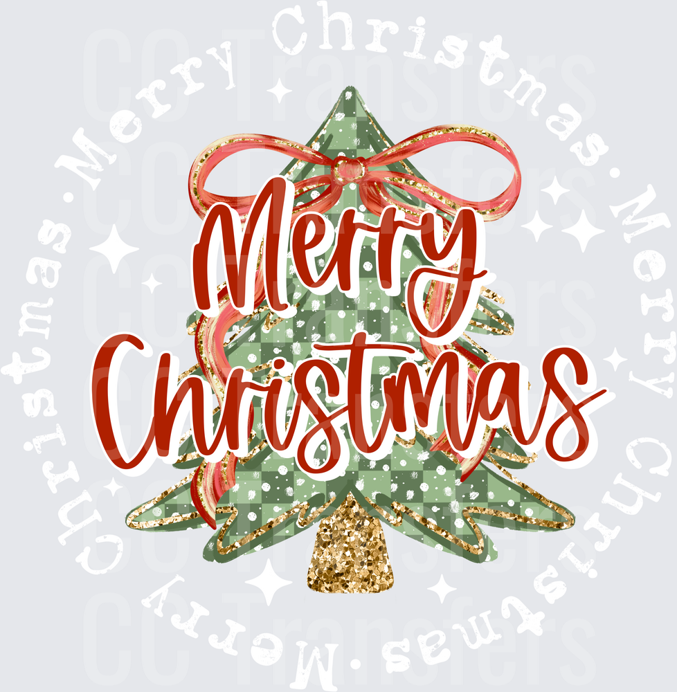 Merry Christmas Plaid Tree Red Bow Gold Glitter (DTF)