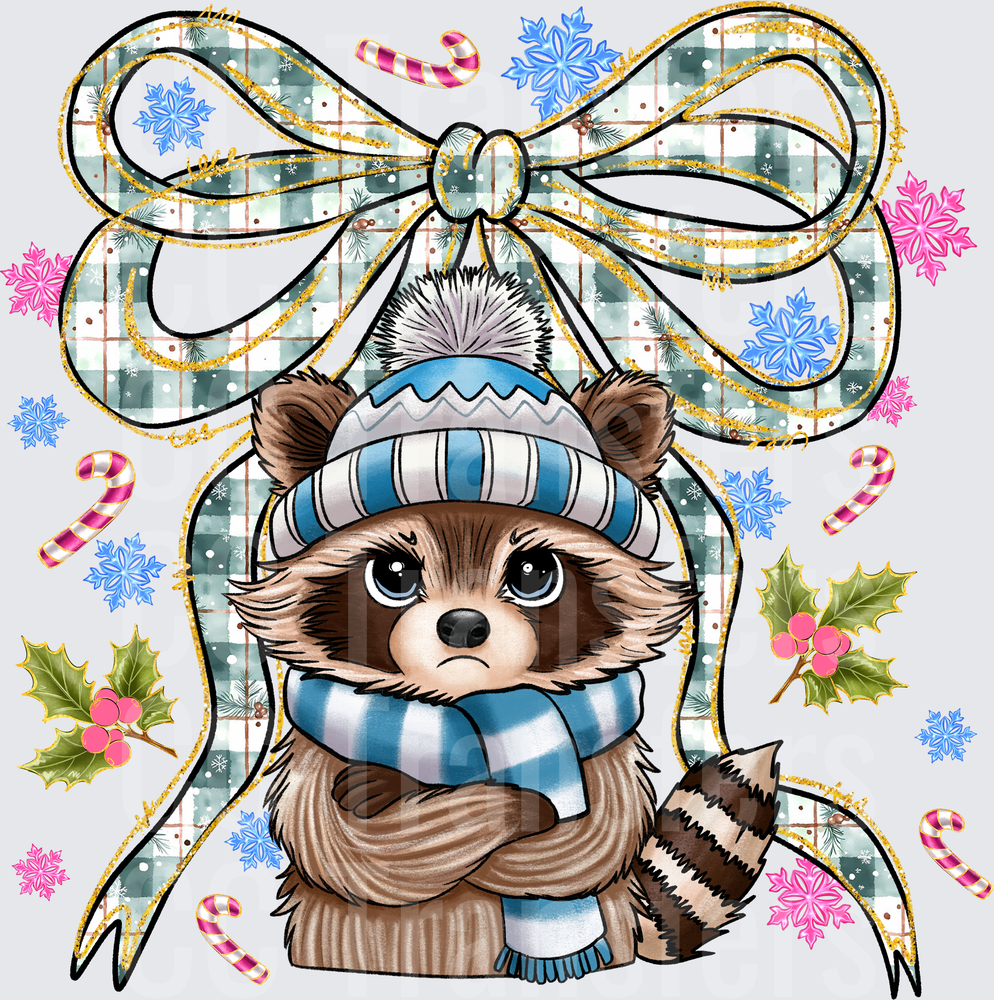 Grumpy Raccoon Winter Beanie Plaid Christmas Bow (DTF)