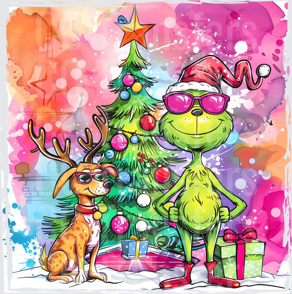Grumpy Green Christmas Character & Reindeer Dog Watercolor (DTF)