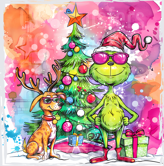 Grumpy Green Christmas Character & Reindeer Dog Watercolor (DTF)